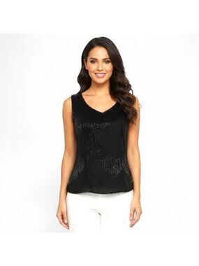 Mark & John by Gopal Black Beaded Sleeveless Blouse Large